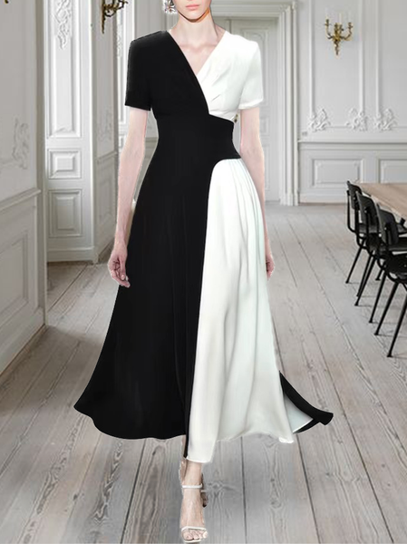 

V Neck Elegant Color Black White Party Dress, Maxi Dresses