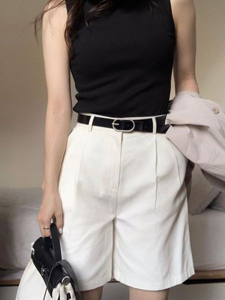 

Simple Plain Regular Fit No Elasticity Shorts, White, Pants