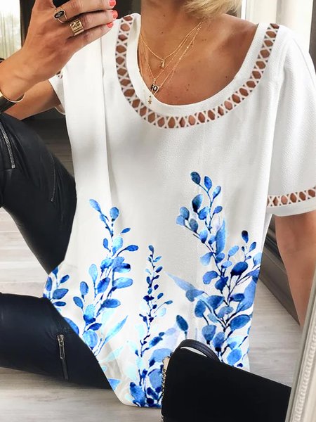 

Crew Neck Floral Casual Lace Shirt, Blue, Tunics