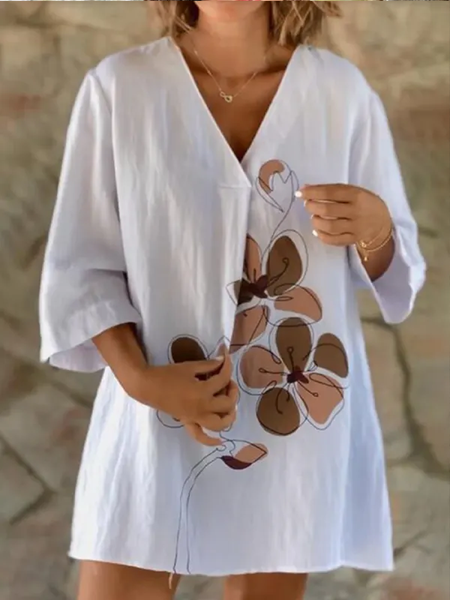 

Linen Printed V Neck Long Sleeves Blouse, White, Tunics