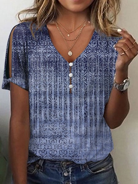 

V Neck Ethnic Buckle Loose T-Shirt, Blue, T-Shirts