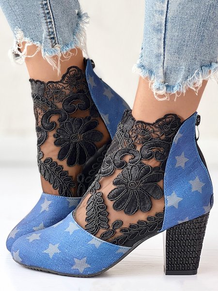 

Black-blue Lace Paneled Denim Chunky Heel Sandals Boots, Sandals