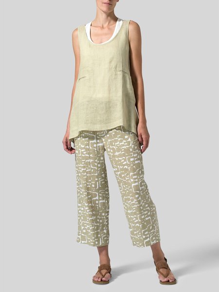 

Linen Scoop Neck Abstract Graphic Cotton Two-Piece Set, Light yellow, Suits