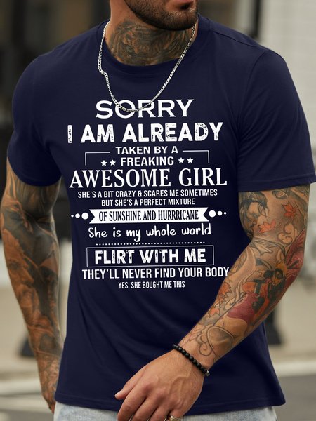 

Men's Sorry I Am Already Taken A Freaking Awesome Girlsorry I Am Already Taken A Freaking Awesome Girl Funny Graphic Printing Cotton Text Letters Loose Casual T-Shirt, Purplish blue, T-shirts