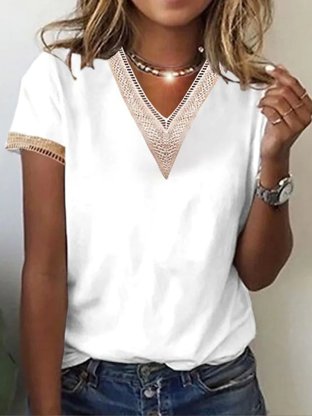 

Women Daily Hollow Out Lace V Neck White Short Sleeve Summer T-shirt, Tees & T-shirts