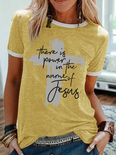 

Women's Religious Bible Cross There Is Power In The Name Of Fesus Funny Graphic Printing Text Letters Crew Neck Casual T-Shirt, Yellow, T-shirts
