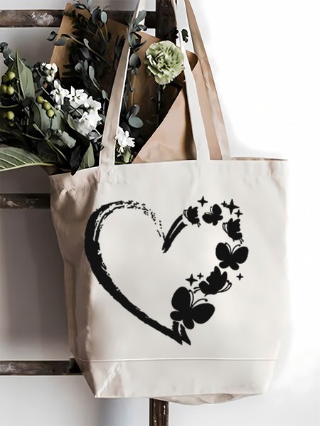 

Women's Butterfly Heart Print Shopping Tote, White, Bags