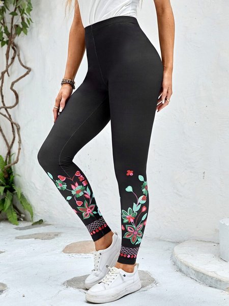 

Knitted Casual Tight Floral Leggings, Black, Leggings