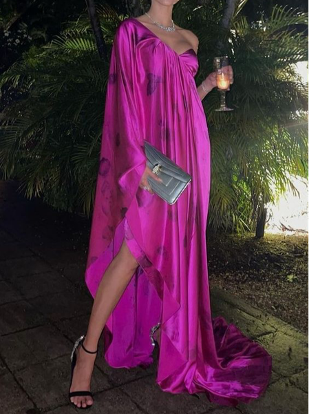 

Elegant Abstract One Shoulder Regular Fit Party Dress, Deep pink, Maxi Dresses