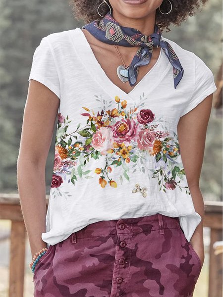 

Color Block V Neck Vacation Loose T-Shirt, White, T-Shirts