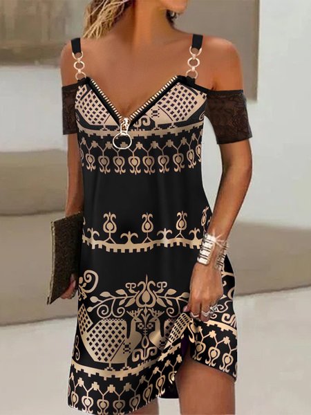 

Tribal Print Contrast Lace Cold Shoulder Casual Dress, Black, Dresses