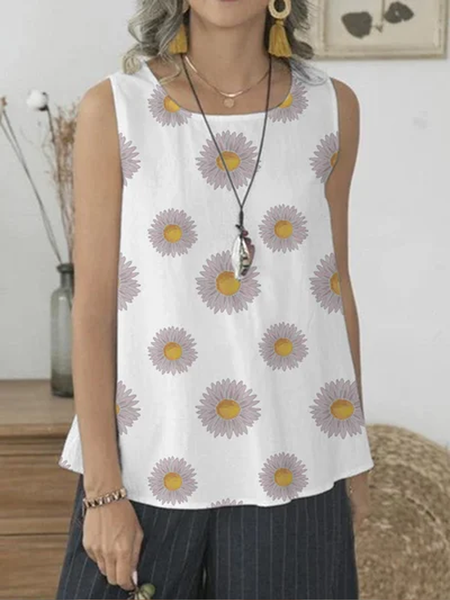 

Women's Little Daisy Print Casual Back Button Sleeveless Tank Top, White, Tanks & Camis