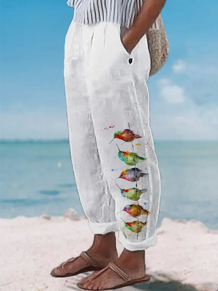 

Women's Watercolor Hummingbirds Print Lounge Pants, White, Pants