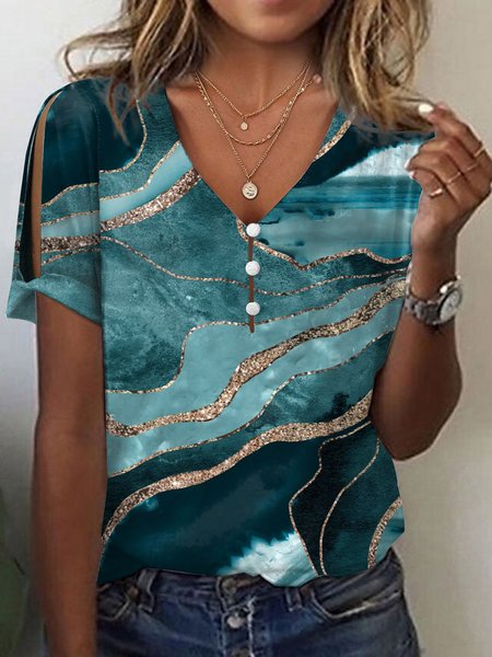

Loose Casual V Neck Buckle T-Shirt, Green, T-Shirts