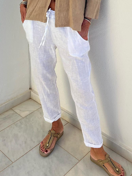 

Women Loose Casual Pockets Drawstring Waist White Linen Pants, Pants