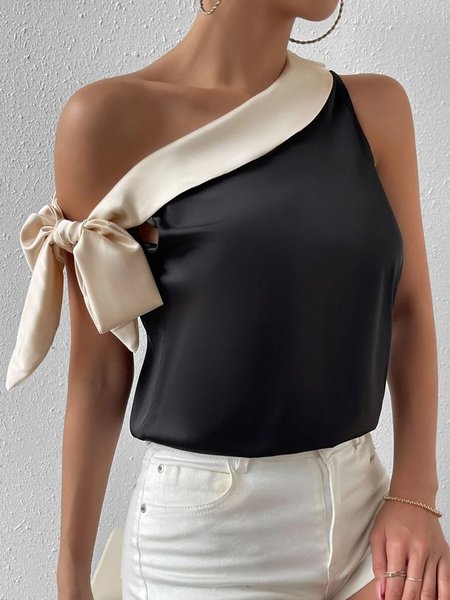 

Elegant One Shoulder Color Block Regular Fit Shirt, Black, Blouses and Shirts