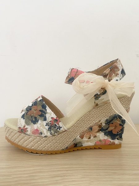 

Holiday Floral Lace Gauze Bow Wedge Sandals, Pink, Sandals