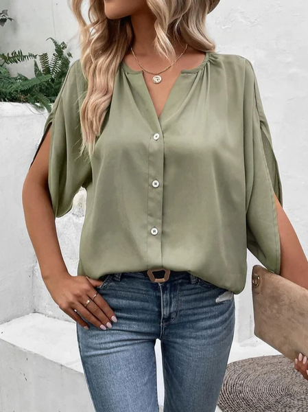 

Plain V Neck Casual Loose Blouse, Green, Shirts & Blouses