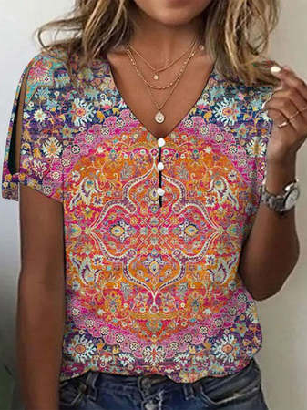 

V Neck Ethnic Loose Buckle T-Shirt, Multicolor, T-Shirts