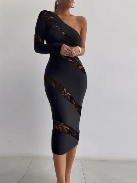

Elegant One Shoulder Regular Fit Floral Wedding Guest Dress, Black, Midi Dresses