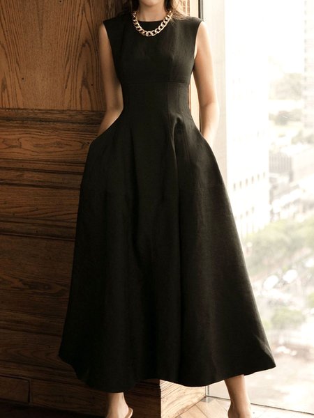 

Plain Regular Fit Crew Neck Elegant Dress, Black, Midi Dresses
