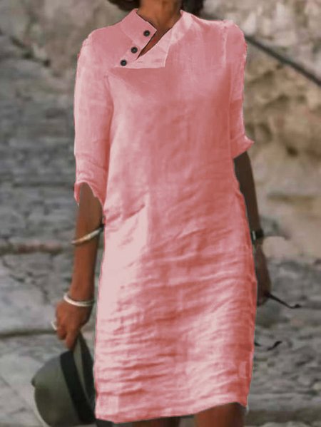 

Women Plain Button Detail Casual Cotton And Linen Dress, Pink, Dresses