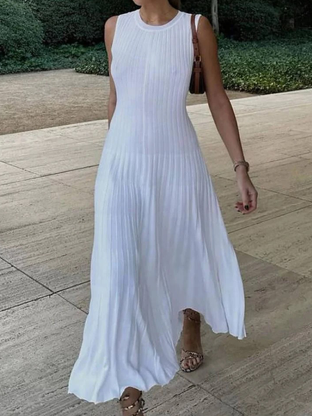 Women Plain Autumn Elegant Knitted Natural Daily Long Crew Neck A-Line Sweater Dresses, White, Maxi Dresses