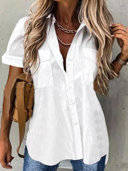 

Plus Size Cotton Shirt Collar Casual Blouse, White, Shirts & Blouses