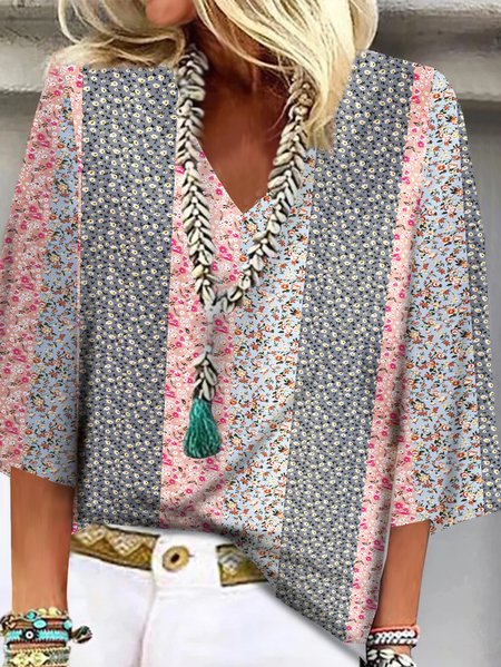 

Plus Size Loose Disty Floral Half Open Collar Casual Shirt, Multicolor, Shirts & Blouses