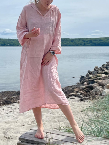 

Cotton And Linen Linen Loose Hoodie Dress, Pink, Midi Dresses