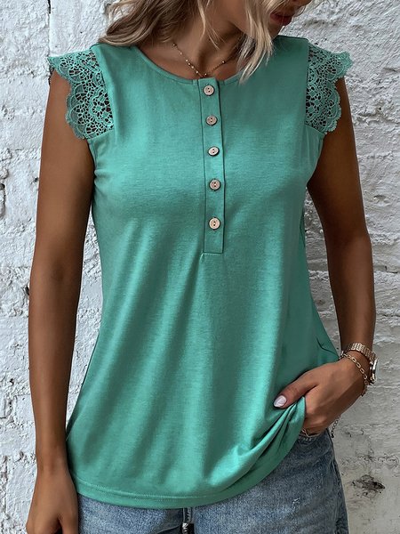 

Regular Fit Casual Buttoned Lace Tank Top, Green, Tanks & Camis