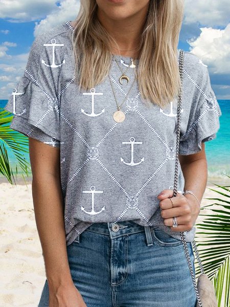 

Loose Vacation Crew Neck Anchor T-Shirt, Gray, T-Shirts