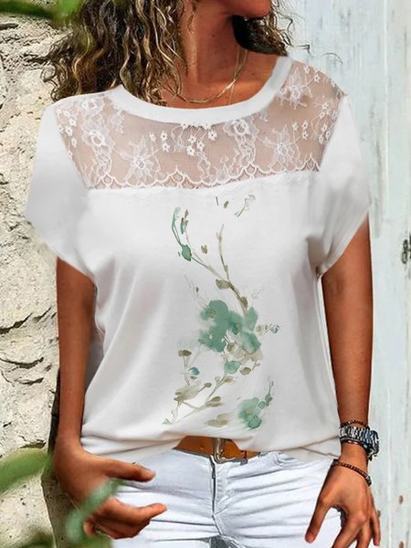 

Color Block Loose Vacation Lace Shirt, White, Shirts & Blouses
