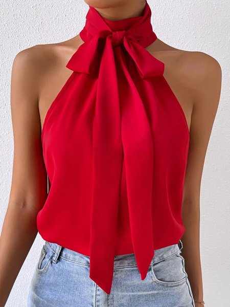 Daily Regular Fit Elegant Plain Halter Shirt, Red, Blouses and Shirts