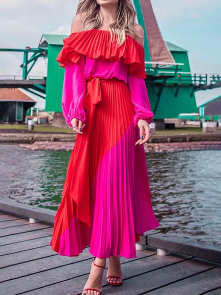 

Cold Shoulder Loose Vacation Long Dress, Deep pink, Maxi Dresses