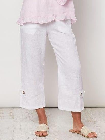 

Cotton And Linen Buckle Loose Casual Pants, White, Pants