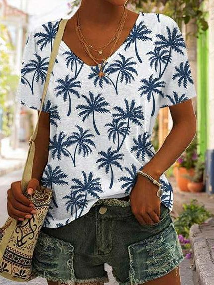 

V Neck Leaf Loose Casual T-Shirt, White, T-Shirts