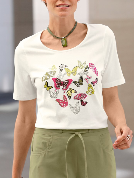

Casual Crew Neck Loose Butterfly T-Shirt, Off white, T-Shirts
