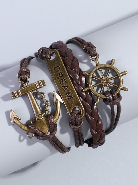 

Dreams Leather and Metal Anchor Layered Bracelet Casual Western Everyday Jewelry, Black, Bracelets