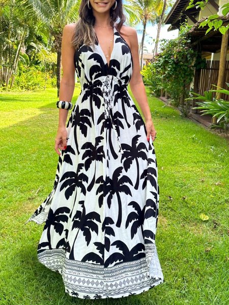 

Vacation Coconut Tree Print V Neck Long Dress, Black, Maxi Dresses