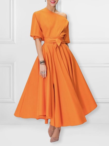 

Regular Fit Vacation Cold Shoulder Plain Dress, Orange, Maxi Dresses