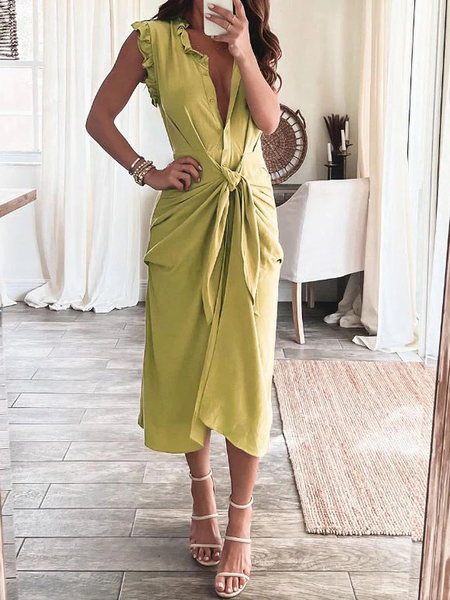 

Regular Fit Urban Regular Fit Sleeveless Lotus Leaf Collar Midi Dress, Green, Midi Dresses