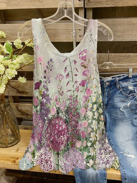 

Plus Size Crew Neck Floral Loose Casual Tank Top, Multicolor, Tanks & Camis