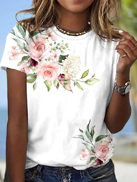 

Floral Casual Crew Neck Loose T-Shirt, White, T-Shirts