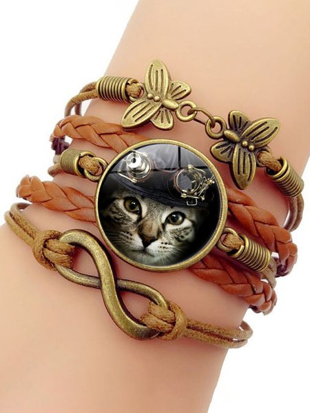 

Casual Time Stone Cat Pattern Leather Multilayer Bracelet Fashion Women Jewelry, Brown, Bracelets