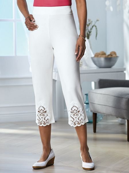 

Regular Fit Lace Plain Elegant Capris Pants, White, Pants