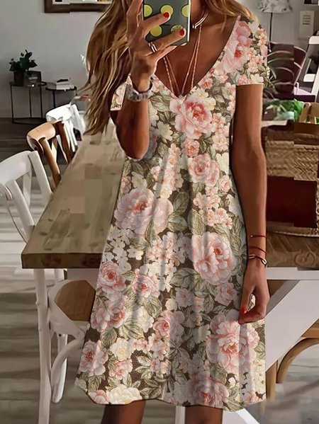 

Plus Size Floral V Neck Regular Fit Vacation Dress, Pink, Dresses