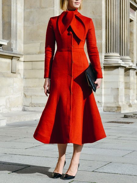 

Woolen Stand Collar Elegant Plain Dress, Red, Midi Dresses