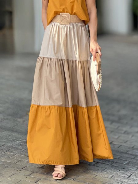 

Loose Color Block Casual Long Skirt, Yellow, Skirts