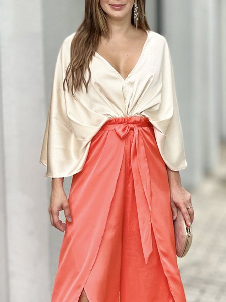 

V Neck Plain Elegant Regular Fit Blouse, Apricot, Blouses and Shirts